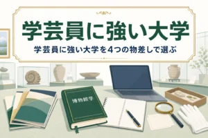 大学案内のパンフレットと博物館学のテキストを並べた机と、学芸員に強い大学の選び方を紹介する記事タイトル