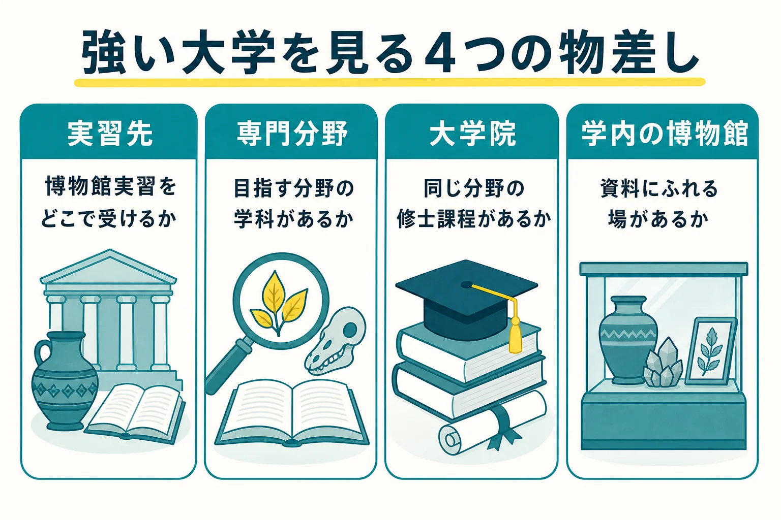 学芸員に強い大学を、実習先・専門分野・大学院・学内の博物館の4つの物差しで見る考え方を示した図解