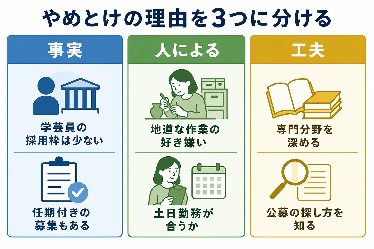 学芸員はやめとけと言われる理由を事実・人による・工夫できるの3つに分けた図解