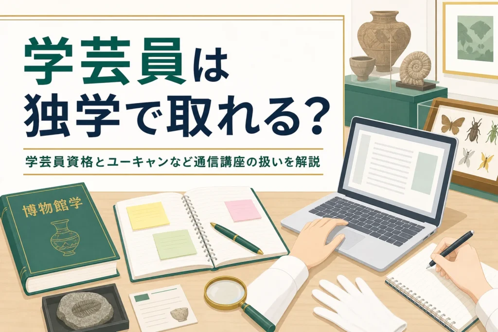 自宅の机で博物館学の本とノートを開いて勉強する手元と、学芸員資格を独学や通信講座で取れるかを紹介する記事タイトル